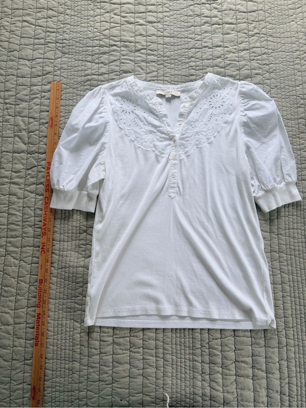 LOFT White Eyelet Yoke Puff Sleeve Tee